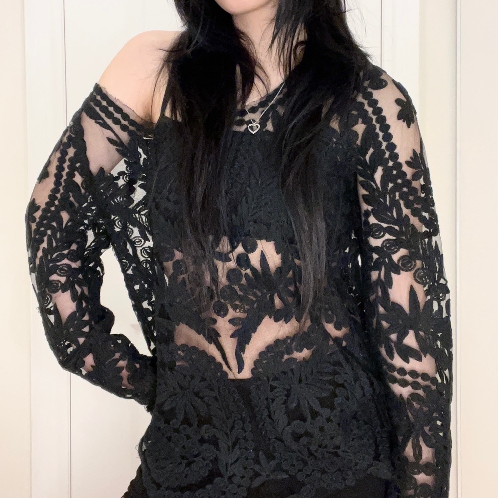 Gothic Elegant Boho Black Mesh Lace Slip Cover Top Off Shoulder